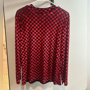 Sterling Kreek Red and Black Checkered Long Sleeve Velvet Mesh Top, Large